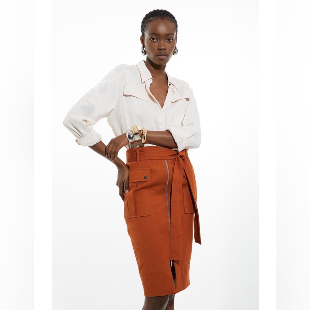 Karen Millen Belted Tailored Midi Skirt in Rust